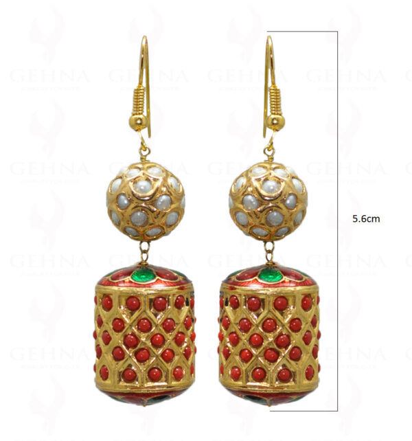 Pearl Studded Jadau Ball & Coral Studded Jadau Drum Earrings LE01-1032