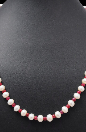 Pearl & Ruby Gemstone Faceted Bead Necklace NM-1032