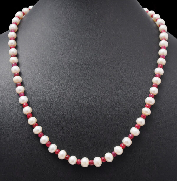 Pearl & Ruby Gemstone Faceted Bead Necklace NM-1032