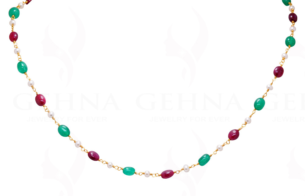Pearl Emerald Pink Spinel Gemstone Bead Chain In .925 Sterling Silver Cm1033