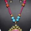 Round Shaped White Topaz Studded Krishna Leela Hand Painted Pendant Set FN-1033