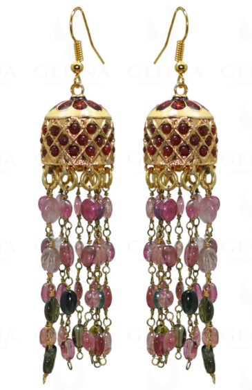 Multi Tourmaline Gemstone Bead With Ruby Studded Jhumki Style Earrings LE01-1033