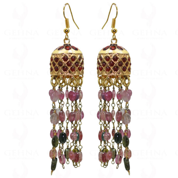 Multi Tourmaline Gemstone Bead With Ruby Studded Jhumki Style Earrings LE01-1033