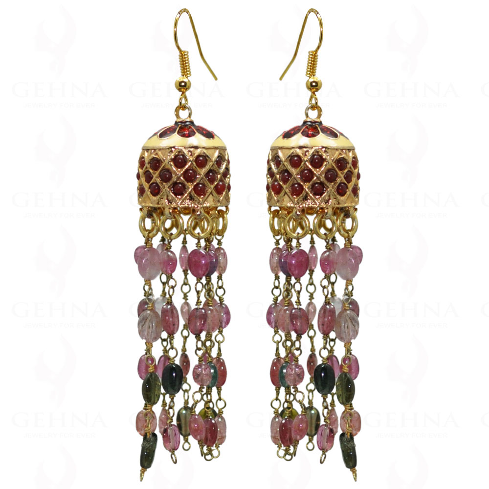 Multi Tourmaline Gemstone Bead With Ruby Studded Jhumki Style Earrings LE01-1033