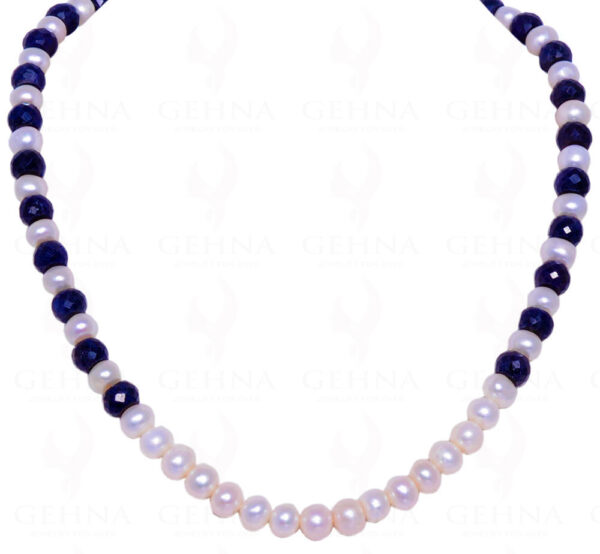 Pearl & Blue Sapphire Gemstone Round Faceted Bead Necklace NM-1033