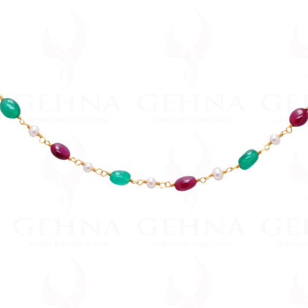 Pearl Emerald Pink Spinel Gemstone Bead Chain In .925 Sterling Silver Cm1033