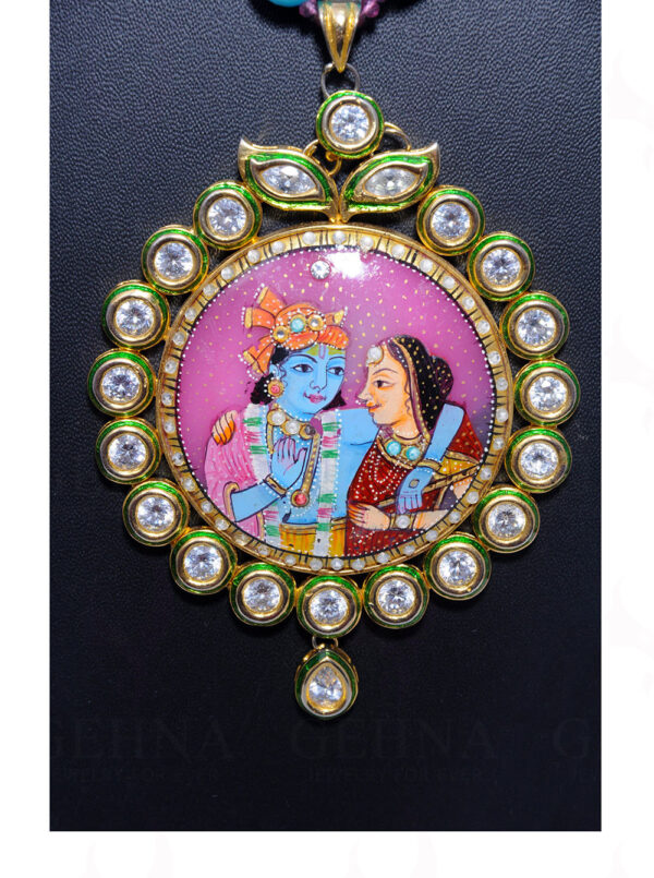 Round Shaped White Topaz Studded Krishna Leela Hand Painted Pendant Set FN-1033