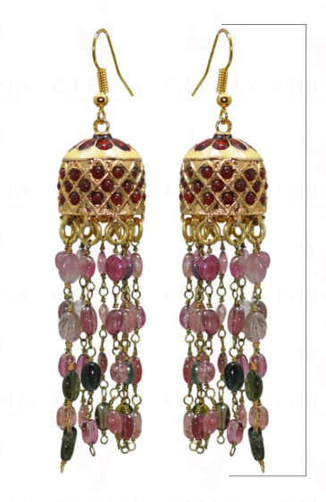 Multi Tourmaline Gemstone Bead With Ruby Studded Jhumki Style Earrings LE01-1033