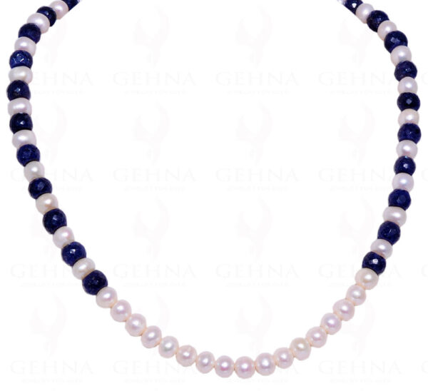 Pearl & Blue Sapphire Gemstone Round Faceted Bead Necklace NM-1033