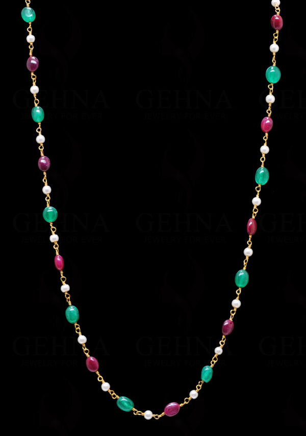 Pearl Emerald Pink Spinel Gemstone Bead Chain In .925 Sterling Silver Cm1033