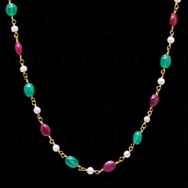 Pearl Emerald Pink Spinel Gemstone Bead Chain In .925 Sterling Silver Cm1033