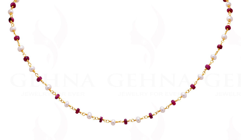 18" Ruby Faceted Bead & Pearl Chain In .925 Sterling Silver Cm1034