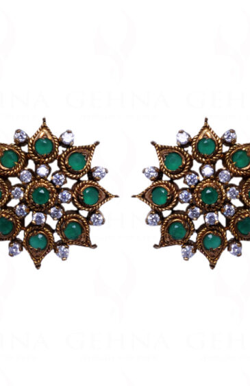 Simulated Diamond & Emerald Studded South Indian Style Earrings FE-1034