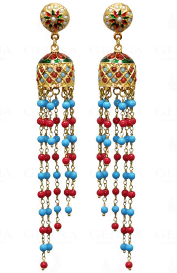 Turquoise & Coral Stone Bead With Pearl Studded Jhumki Style Earrings LE01-1034