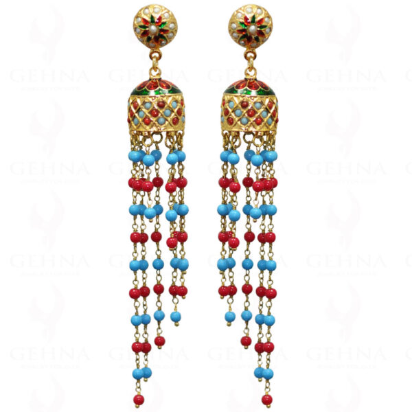 Turquoise & Coral Stone Bead With Pearl Studded Jhumki Style Earrings LE01-1034