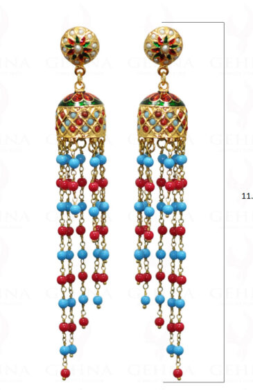Turquoise & Coral Stone Bead With Pearl Studded Jhumki Style Earrings LE01-1034