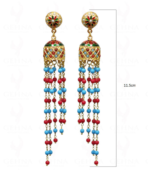 Turquoise & Coral Stone Bead With Pearl Studded Jhumki Style Earrings LE01-1034