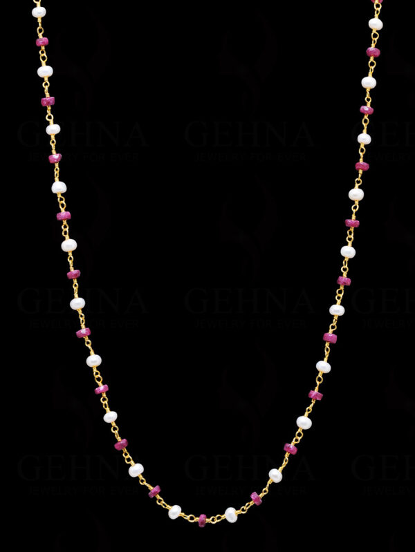 18" Ruby Faceted Bead & Pearl Chain In .925 Sterling Silver Cm1034