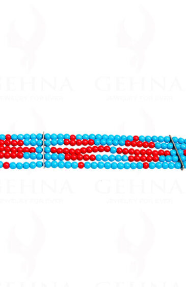 5 Rows Of Coral & Blue Turquoise Gemstone Bead Bracelet BS-1035