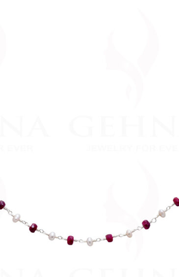 18″ Ruby Gemstone Faceted Bead & Pearl Chain In .925 Sterling Silver Cm1035