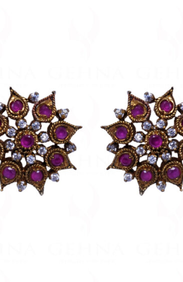 Simulated Diamond & Ruby Studded South Indian Style Earrings FE-1035