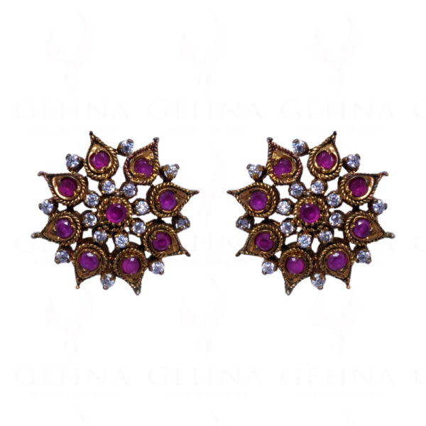 Simulated Diamond & Ruby Studded South Indian Style Earrings FE-1035
