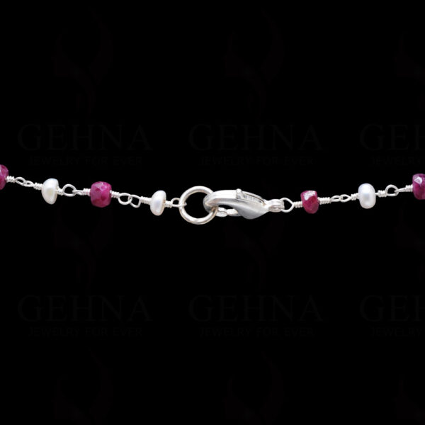 18" Ruby Gemstone Faceted Bead & Pearl Chain In .925 Sterling Silver Cm1035