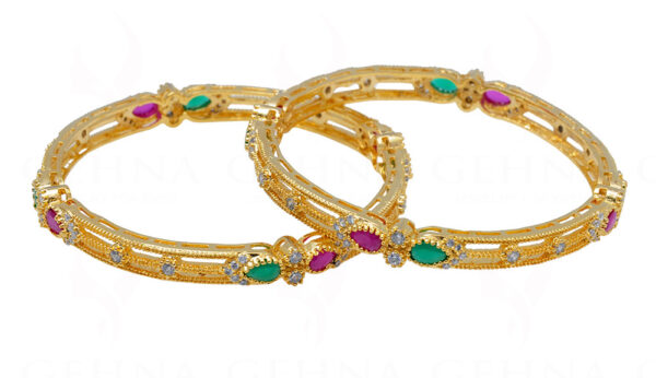 Emerald, Ruby & Cubic Zirconia Studded Pair of Gold Plated Bangle/Kada FB-1036