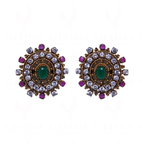 Simulated Diamond, Ruby & Emerald Studded South Indian Earrings FE-1036