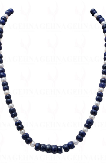 Pearl & Blue Sapphire Gemstone Round Faceted Bead Necklace NM-1036