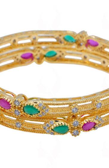 Emerald, Ruby & Cubic Zirconia Studded Pair of Gold Plated Bangle/Kada FB-1036