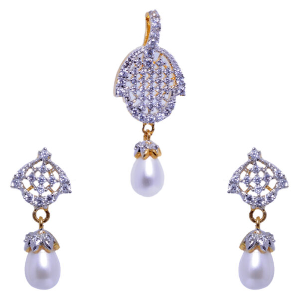 White Pearl & Cubic Zirconia Studded Trendy Pendant & Earring Set FP-1036
