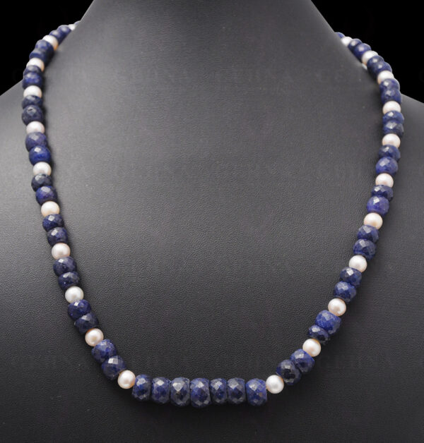 Pearl & Blue Sapphire Gemstone Round Faceted Bead Necklace NM-1036