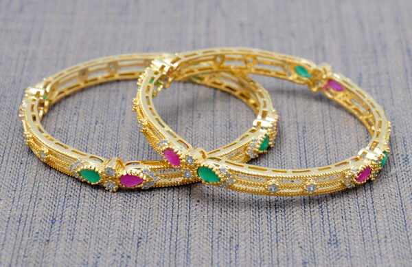 Emerald, Ruby & Cubic Zirconia Studded Pair of Gold Plated Bangle/Kada FB-1036