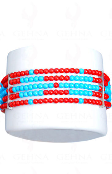 5 Rows Of Coral & Blue Turquoise Gemstone Bead Bracelet BS-1037