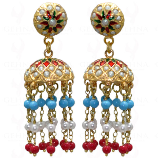 Pearl, Turquoise & Coral Bead With Pearl Studded Jhumki Style Earrings LE01-1037