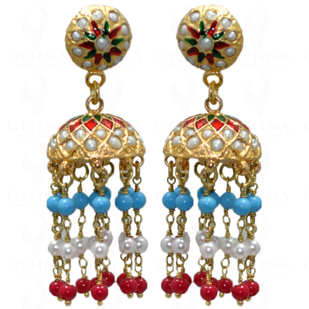 Pearl, Turquoise & Coral Bead With Pearl Studded Jhumki Style Earrings LE01-1037