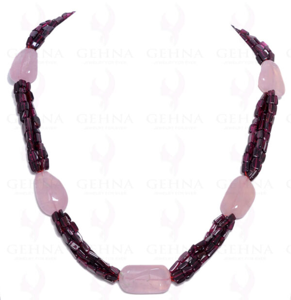 Rose Quartz Tumbles & Garnet Chopasa Shaped Bead Necklace NS-1037