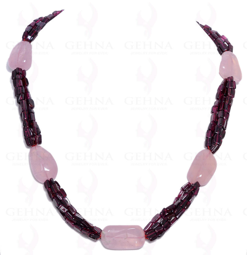 Rose Quartz Tumbles & Garnet Chopasa Shaped Bead Necklace NS-1037