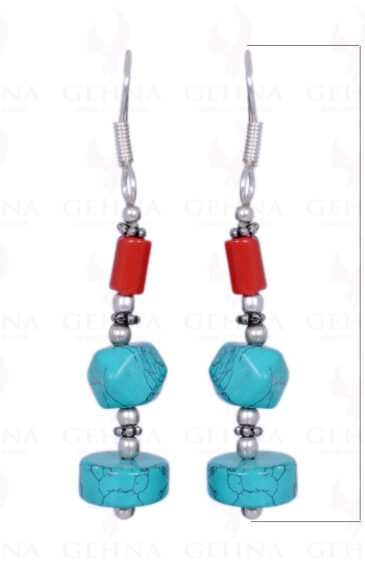 Turquoise & Coral Gemstone Earrings Made In .925 Sterling Silver ES-1037