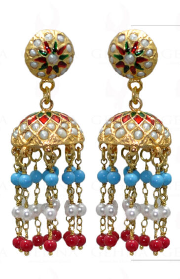 Pearl, Turquoise & Coral Bead With Pearl Studded Jhumki Style Earrings LE01-1037