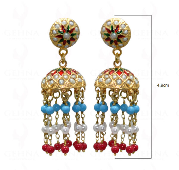 Pearl, Turquoise & Coral Bead With Pearl Studded Jhumki Style Earrings LE01-1037