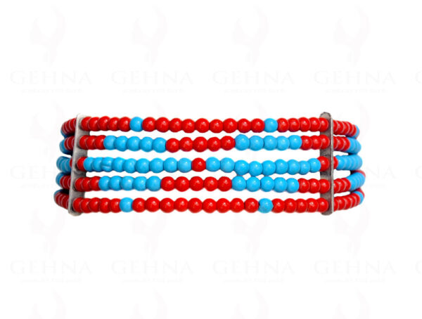 5 Rows Of Coral & Blue Turquoise Gemstone Bead Bracelet BS-1037