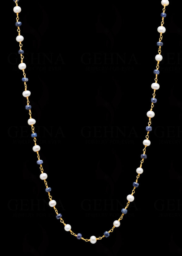 African Blue Sapphire & Pearl Bead Chain In .925 Sterling Silver Cm1037