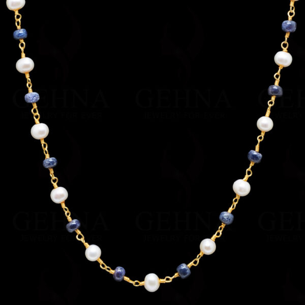 African Blue Sapphire & Pearl Bead Chain In .925 Sterling Silver Cm1037