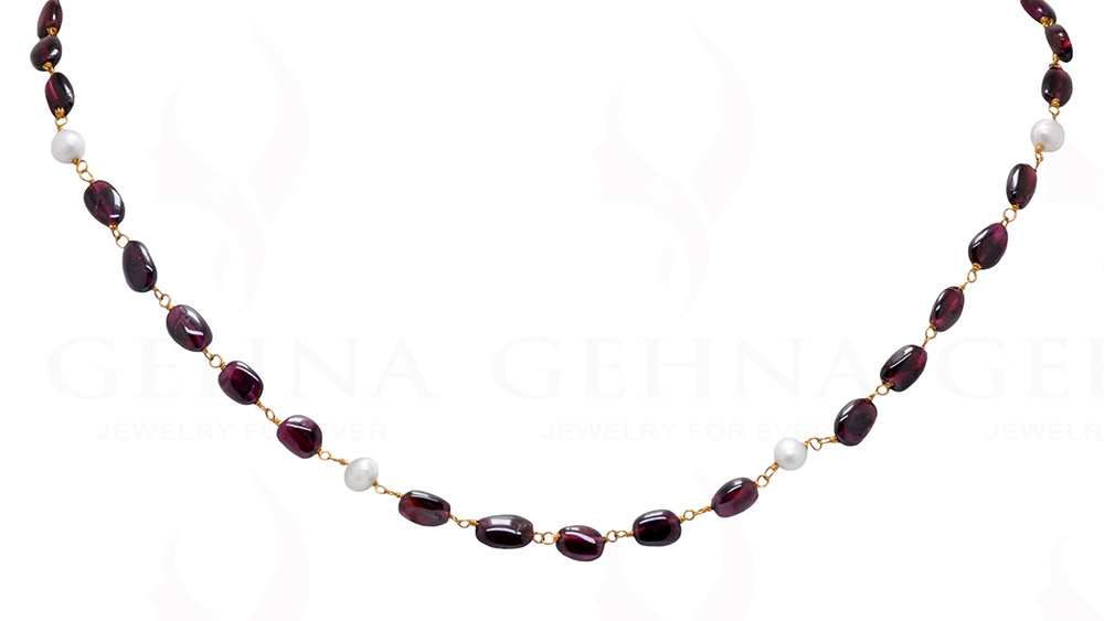 18" Pearl & Garnet Oval Gemstone Bead Chain In .925 Sterling Silver Cm1038