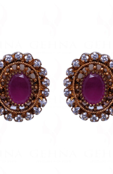 Simulated Diamond & Ruby Studded Round Shape Earrings FE-1038