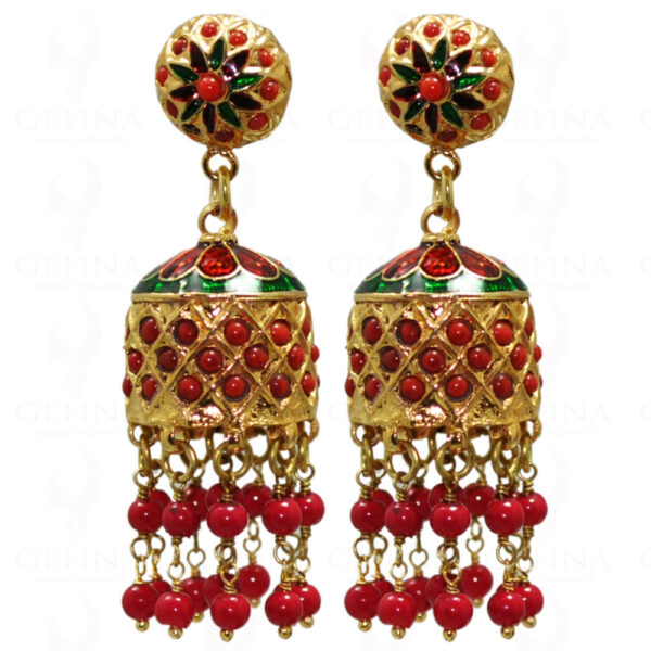 Coral Round Cabochon Bead With Coral Studded Jhumki Style Earrings LE01-1038