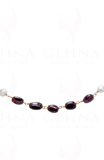 18″ Pearl & Garnet Oval Gemstone Bead Chain In .925 Sterling Silver Cm1038