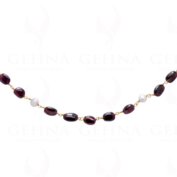 18" Pearl & Garnet Oval Gemstone Bead Chain In .925 Sterling Silver Cm1038